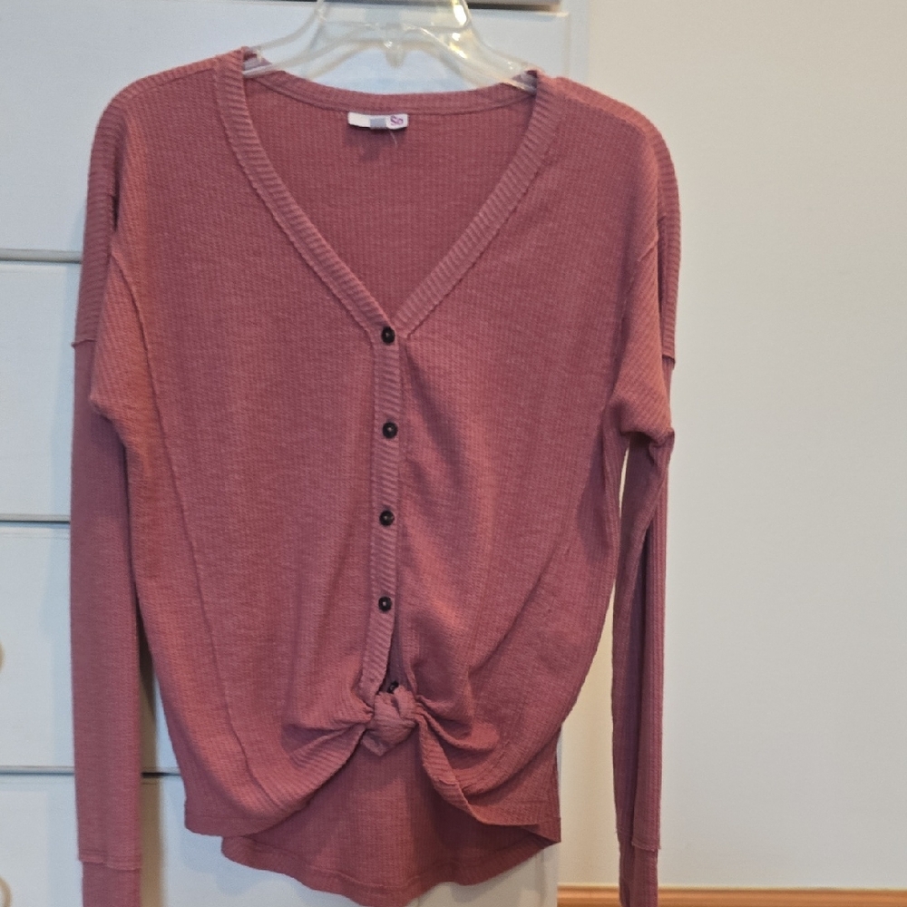 SO Women's Button-Down Ribbed Top - Dusty Rose